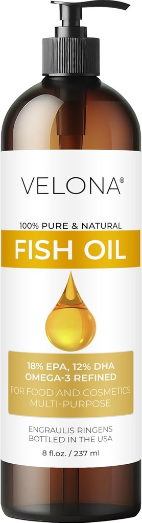 Fisch Omega-3 Öl von Velona - 8 Fl Oz | 100% reines und natürliches Trägeröl | Raffiniert | Vitamin E, D, Omega-3 | Kochen, Haut, Gesicht, Körper, Haarpflege | Heute verwenden -