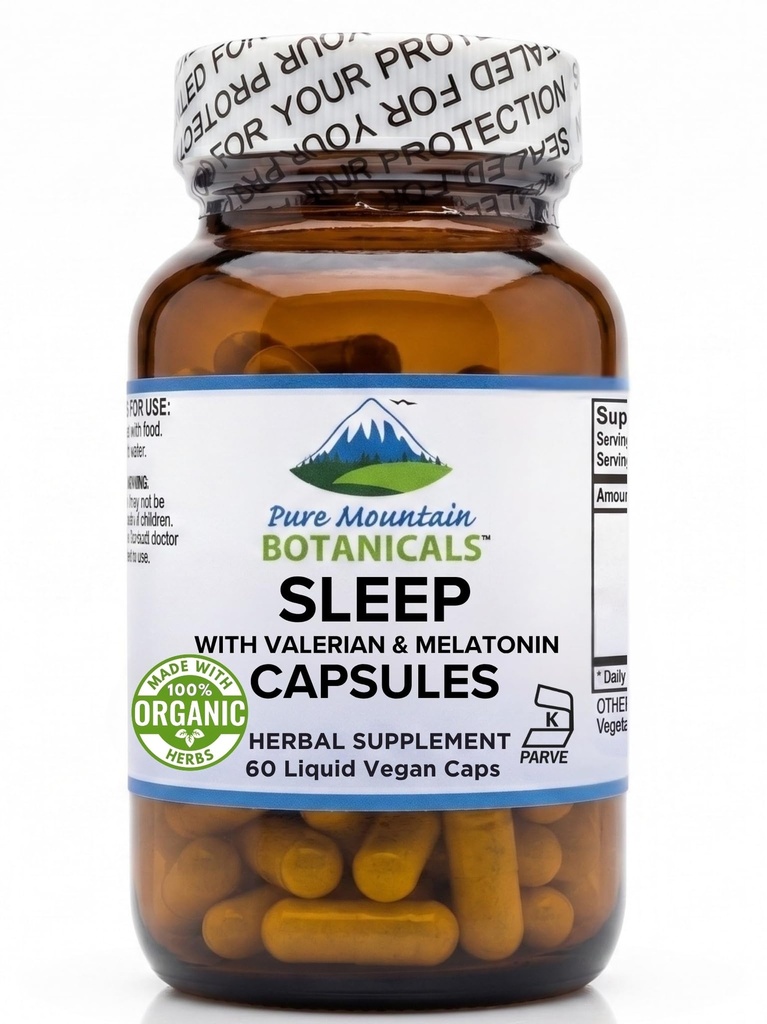Dormir naturellement avec la valériane biologique, la camomille, la fleur de passion, la casquette, la mélatonine, le houblon et plus - 60 Capsules Vegan