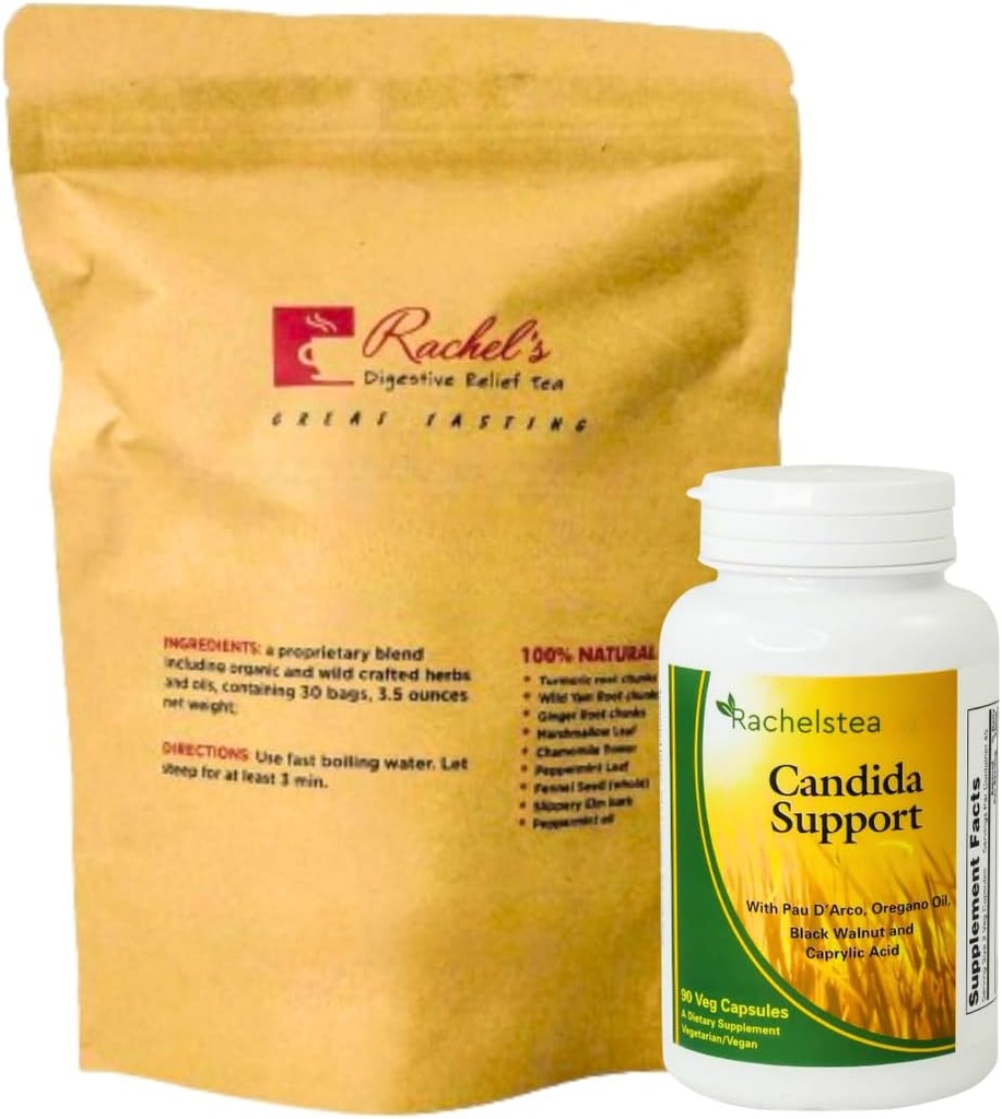 Rachel's Tea and Candida Support: 30 jours d'approvisionnement Turmeric, Wild Yam, Ginger, Peppermint, Fennel, Slippery Elm + Capsules de soutien Candida