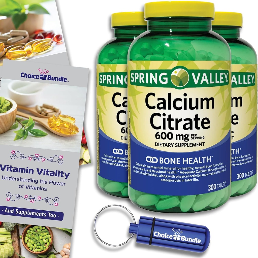 Spring Valley Calcium Citrate Tabletten Nahrungsergänzung 600 mg 300 Ct 3 pk Wahl Bundle (900 Gesamt) + Vitamin Guide & Pill Container (5 Artikel)!