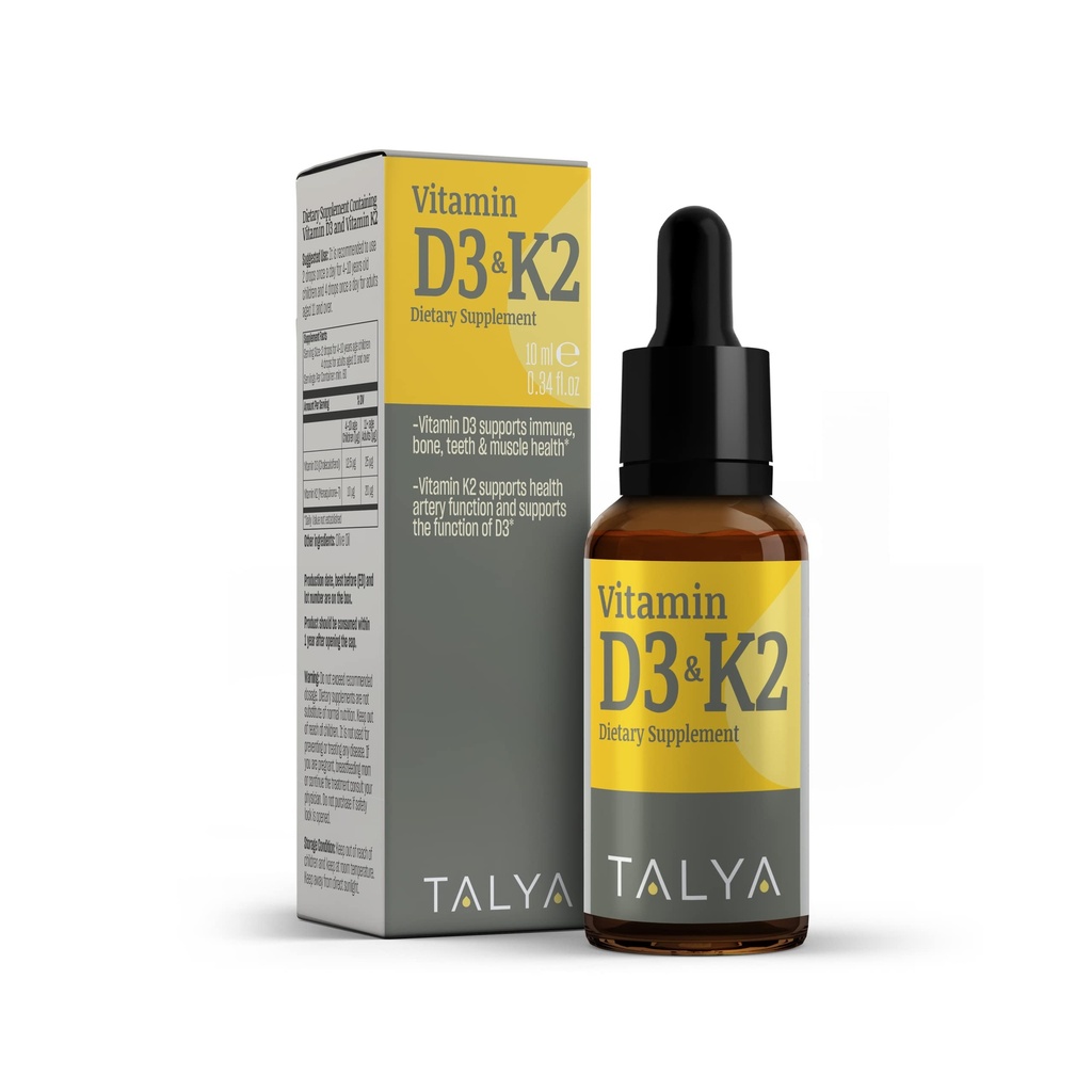 TALYA Vitamin D3 & K2 | Flüssiges Vitamin D3 mit K2 Tropfen | 1000 IU | Immununterstützung - unterstützt starke Knochen und gesundes Herz | Non-GMO | Vegan | 60 Servietten, 0.34 fl.oz