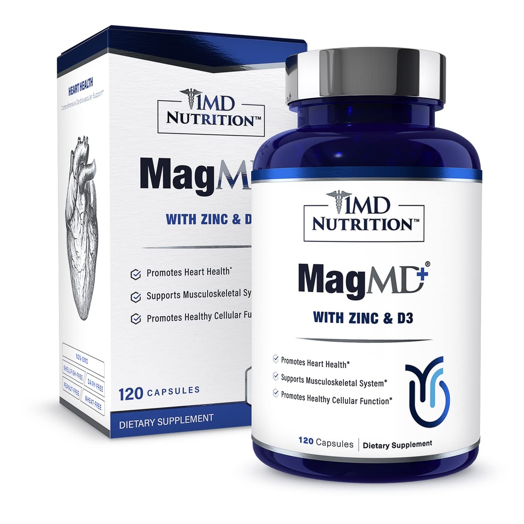 1MD Nutrition MagMD Plus - Magnesium mit Zink & D3 | fördert Herzgesundheit, unterstützt Knochen & Muskelkraft und Aids Immunsystem - 120 Ct