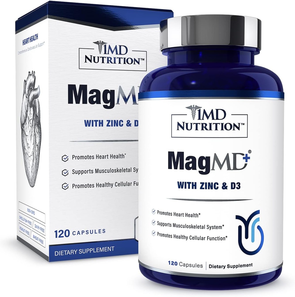 1MD Nutrition MagMD Plus - Magnesium mit Zink & D3 | fördert Herzgesundheit, unterstützt Knochen & Muskelkraft und Aids Immunsystem - 120 Ct