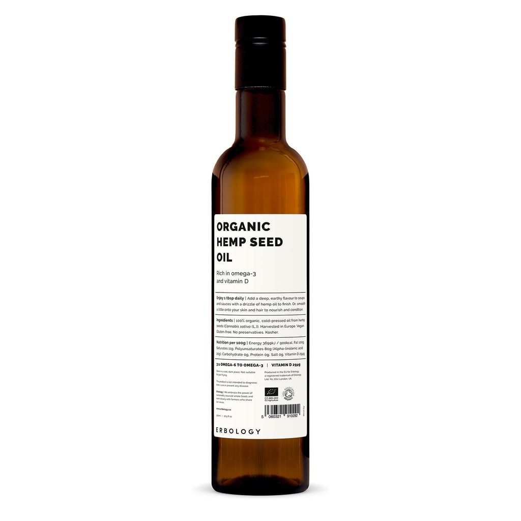Erbologie Huile de chanvre biologique 17 fl oz - pressé à froid - riche en oméga-3 - source de vitamine D - directement de la ferme - non-OGM - aucun additif ou conservateur - bouteille en verre recyclable