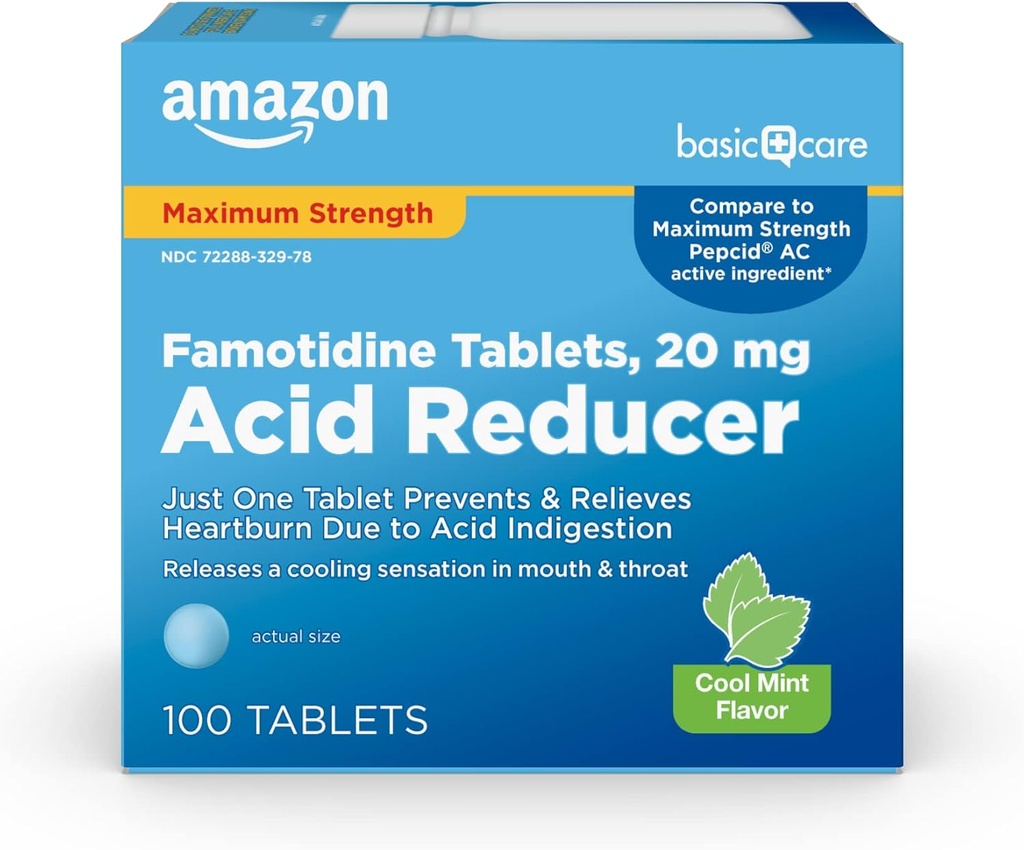 Basic Care Famotidin 20mg Cool Mint Tabletten, 100 Count, Weiß