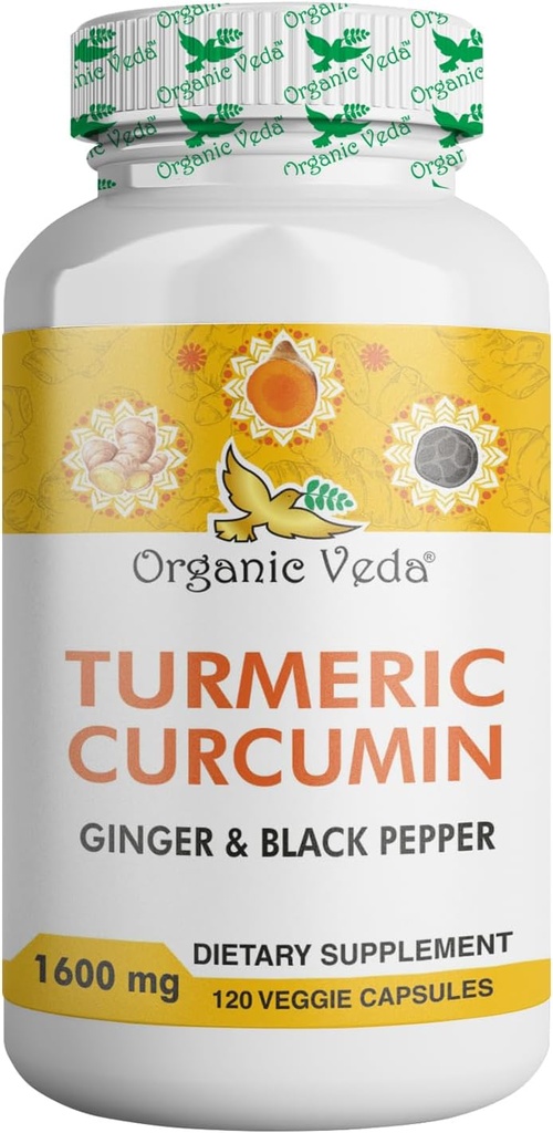 Organic Veda Turmeric and Ginger Capsules 120 Pills - Organic Turmeric Curcumin with Black Pepper for Joint Support - Non GMO, Gluten Free, Turmeric and Ginger Supplement (95% curcuminoids)