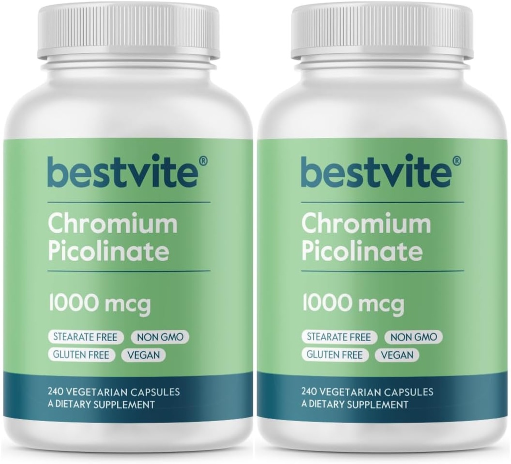 BESTVITE Chromium Picolinate 1000mcg (480 vegetarische Kapseln) (240 x 2) - keine Stearaten - kein Dicalciumphosphat - Vegan - Glutenfrei - Non-GMO