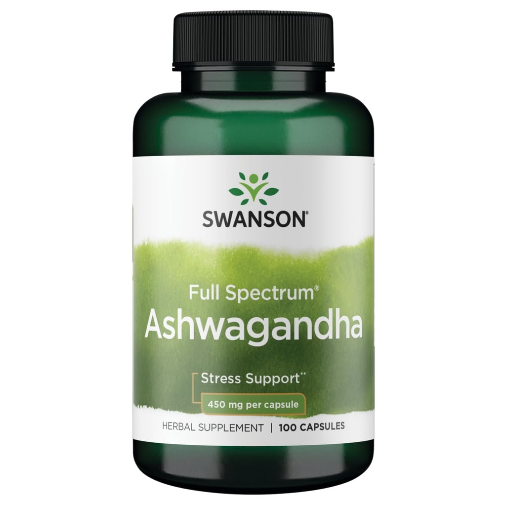 Swanson Ashwagandha Supplément en poudre - Ashwagandha Root & Aerial Parts - Promotion du stress et de l'énergie - Supplément ayurvédique pour le bien-être naturel (100 capsules, 450mg chacune)