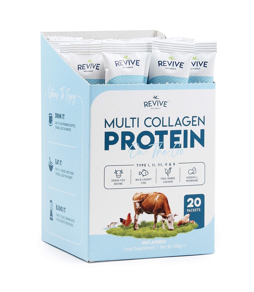 Multi Collagen Protein Powder Packets - Typen I, II, III, V & X - Hydrolysed Grass Fed Bovine, Wild Caught Fish, & Free-Range Chicken & Eggshell Collagen. Nicht-GMO, Halal, (10g, 20 Pakete)