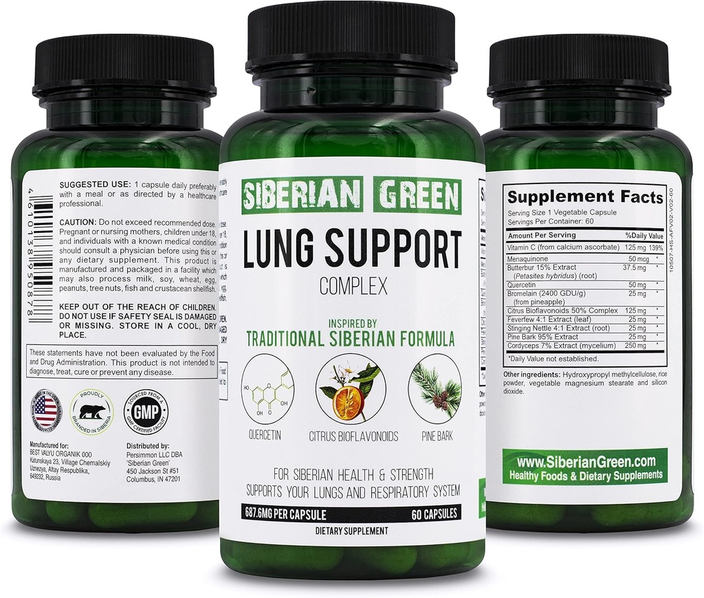 Siberian Green Lung Support Complex 60 Kapseln - Traditionelle Formel Supplement Reich an Quercetin, Citrus Bioflavonoids, Pine Bark
