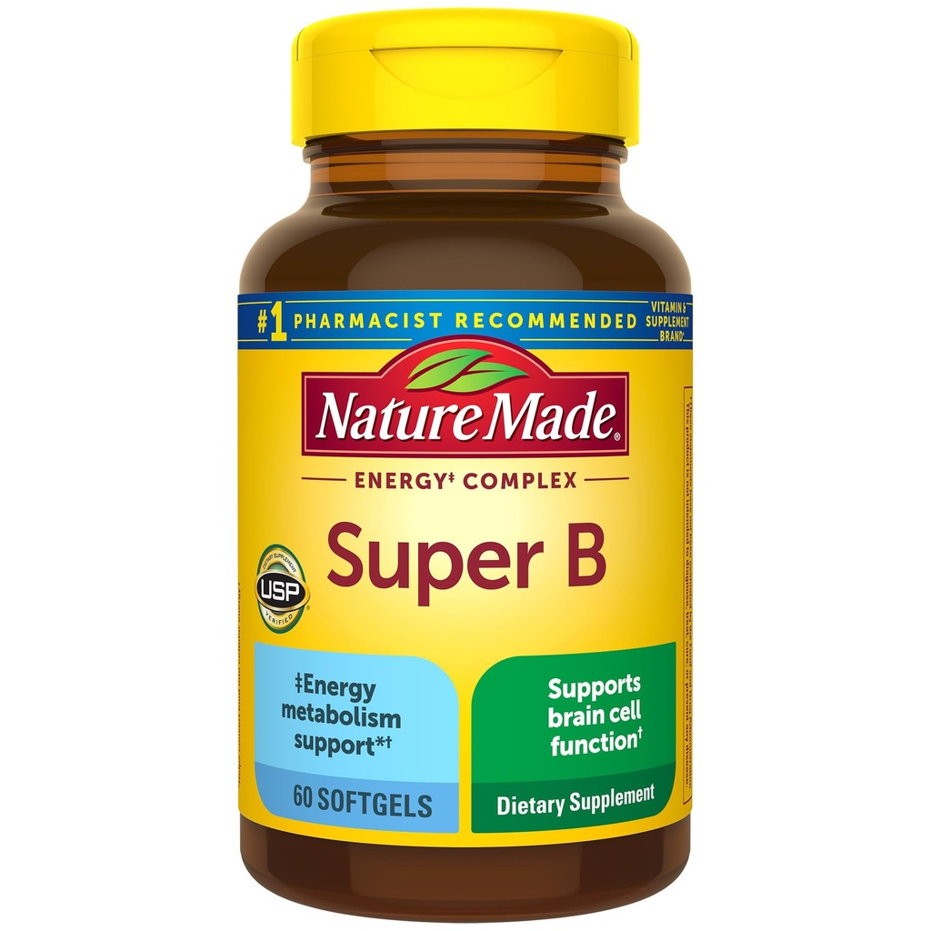 Natur Made Super B Complex Vitamine für Frauen und Männer, Nahrungsergänzung für Energie Metabolismus Unterstützung, Super Vitamin B Complex, 60 Softgels, 60 Tage Versorgung