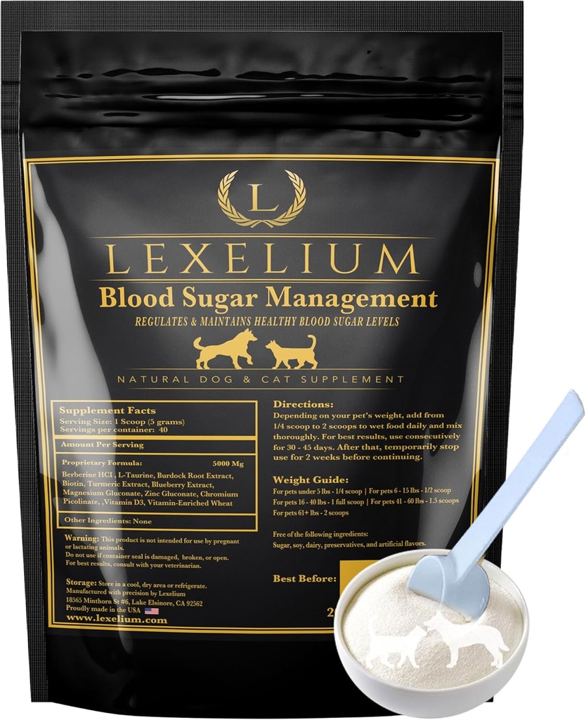 Prise en charge du sucre dans le sang des chiens diabétiques et des chats- formule de poudre de vét-formulée - Supporte et réglemente les niveaux de sucre dans le sang- Suppléments Sensibilité à l'insuline et au glucose- Fabriqué aux États-Unis -200g