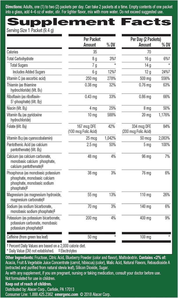 Emergen-C Energy+, Mit B Vitamine, Vitamin C und natürliche Koffein aus grünem Tee (Blaube Acai Flavor) Nahrungsergänzungsgetränk Mischung, 0.33 Unze Pulver-Packets(Pack mit 18)