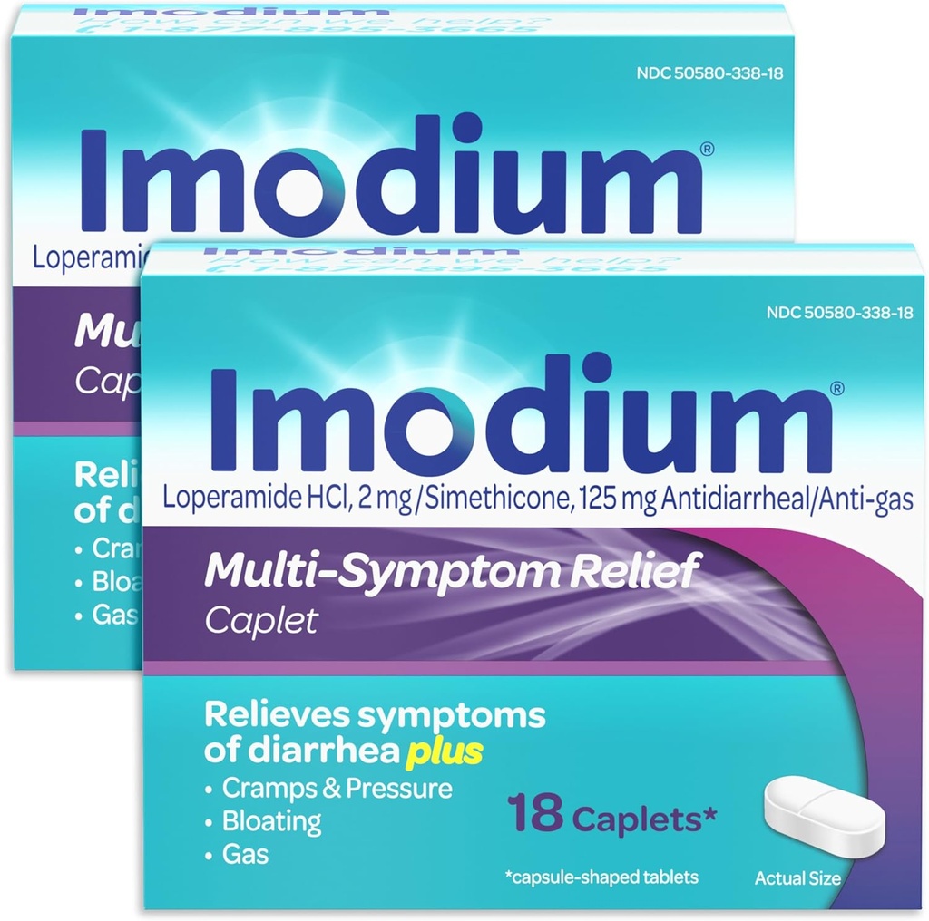 Imodium Multi-Symptom Relief Caplets mit Loperamid Hydrochlorid und Simethicone, Anti-Diarrheal Medizin zur Behandlung von Durchfall, Gas, Bloating, Cramps & Druck, 2 Pack