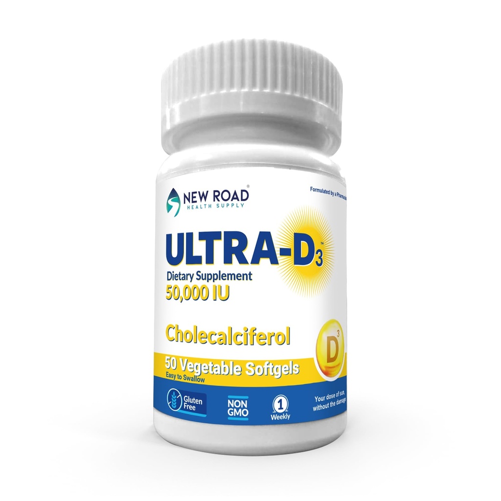 New Road Health Supply, Vitamine D3 à haute puissance 50 000 UI, softgel une fois par semaine, soutient la santé osseuse, des dents et immunitaire, facile à avaler, sans gluten, 50 Compte
