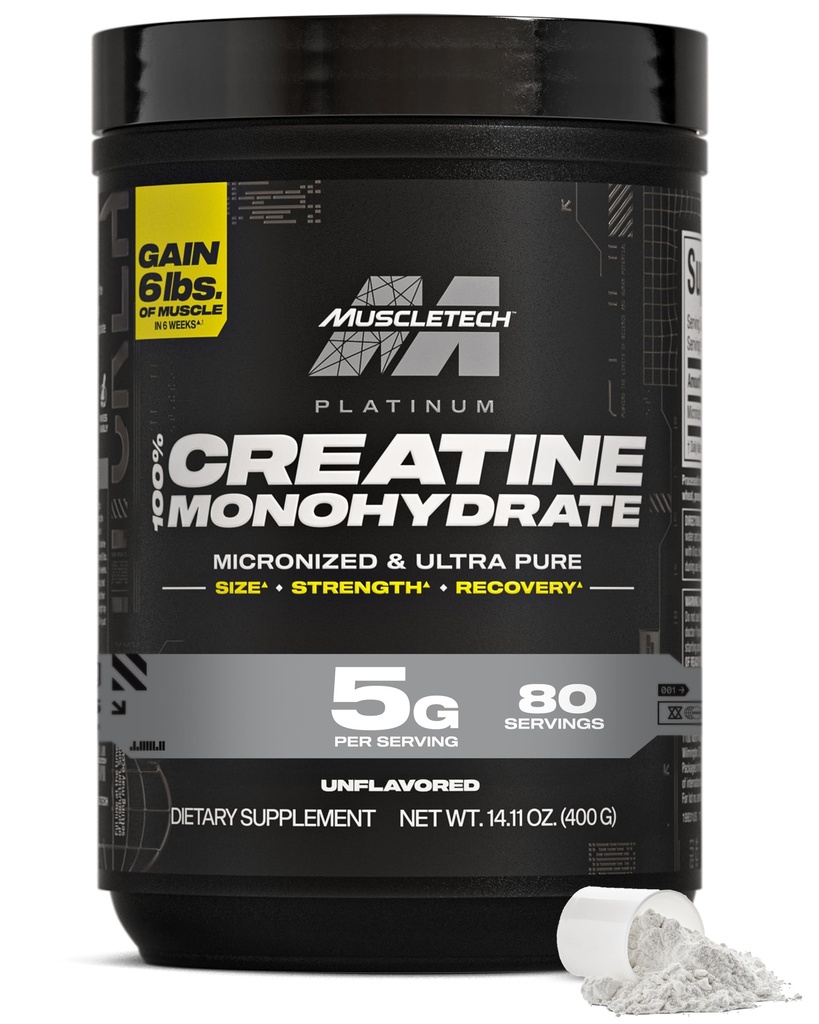 MuscleTech Creatin Monohydrat-Pulver, Platinum Pure - Unflavored Micronized Creatine für Männer & Frauen - Workout-Ergänzungen für Leistung, Muskel Erholung & Builder-(80 Servierungen) Packaging May Vary