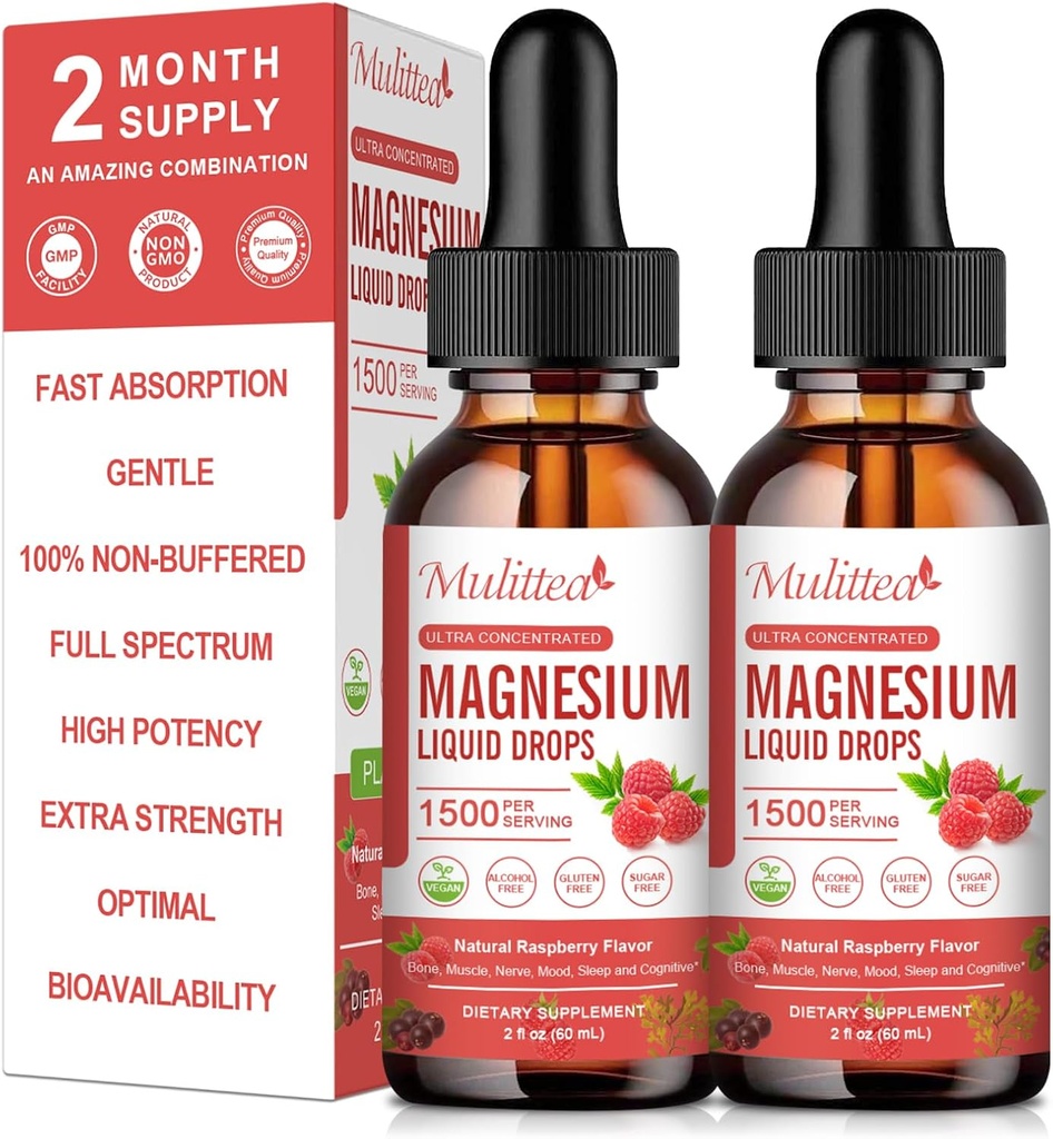 (2 Pack) Magnesium Glycinat Flüssigkeitstropfen w/ 1500mg Magnesium Glycinat, Taurat, Malat, Citrat, Calcium Plus Kalium für Nerve, Knochen, Herzgesundheit & Energie Zzz - Hohe Absorption-Raspberry Flavor