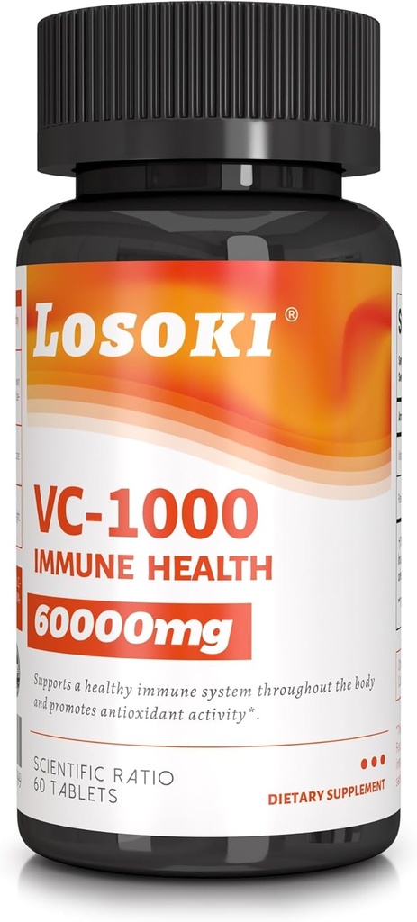 Losoki VC 1000 - Suppléments à haute teneur en vitamine C pour le soutien immunitaire et la protection antioxydante - Formule tamponnée avec poudre de HIPS Rose - 60 comprimés