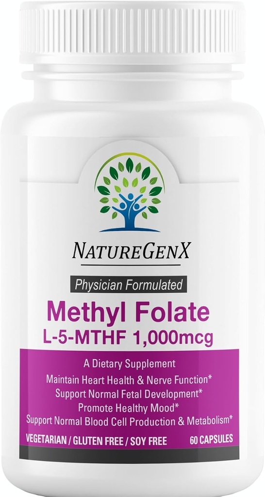 Supplément MTHRF méthylfolate - 1000 mcg Vitamine bioactive B9 (5-MTHF) - Soutienne la grossesse et la santé foetale - 60 capsules - Sans gluten