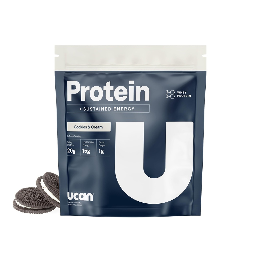 UCAN Energy + poudre de protéines de lactosérum - 19g par portion avec des acides aminés AEA et CCCA - Keto, Pas d'ajout de sucre, sans gluten - Cookies et crème - 12 portions