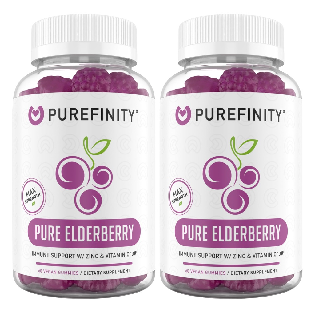 PUREFINITY Gommies de baies aînées avec Sambucus, vitamine C et zinc – votre supplément quotidien parfait 3-en-1 pour les enfants et les adultes – sans gluten, sans OGM, végétalien, 60 comtes (paquet de 2)