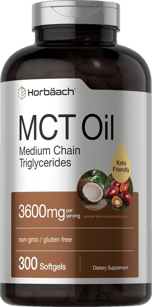 Horbäach MCT Öl Pillen | 3600mg | 300 Softgel Kapseln | Keto Ergänzung aus Kokosnuss | mit Caprylic & Capric Säure | Non-GMO und Glutenfrei