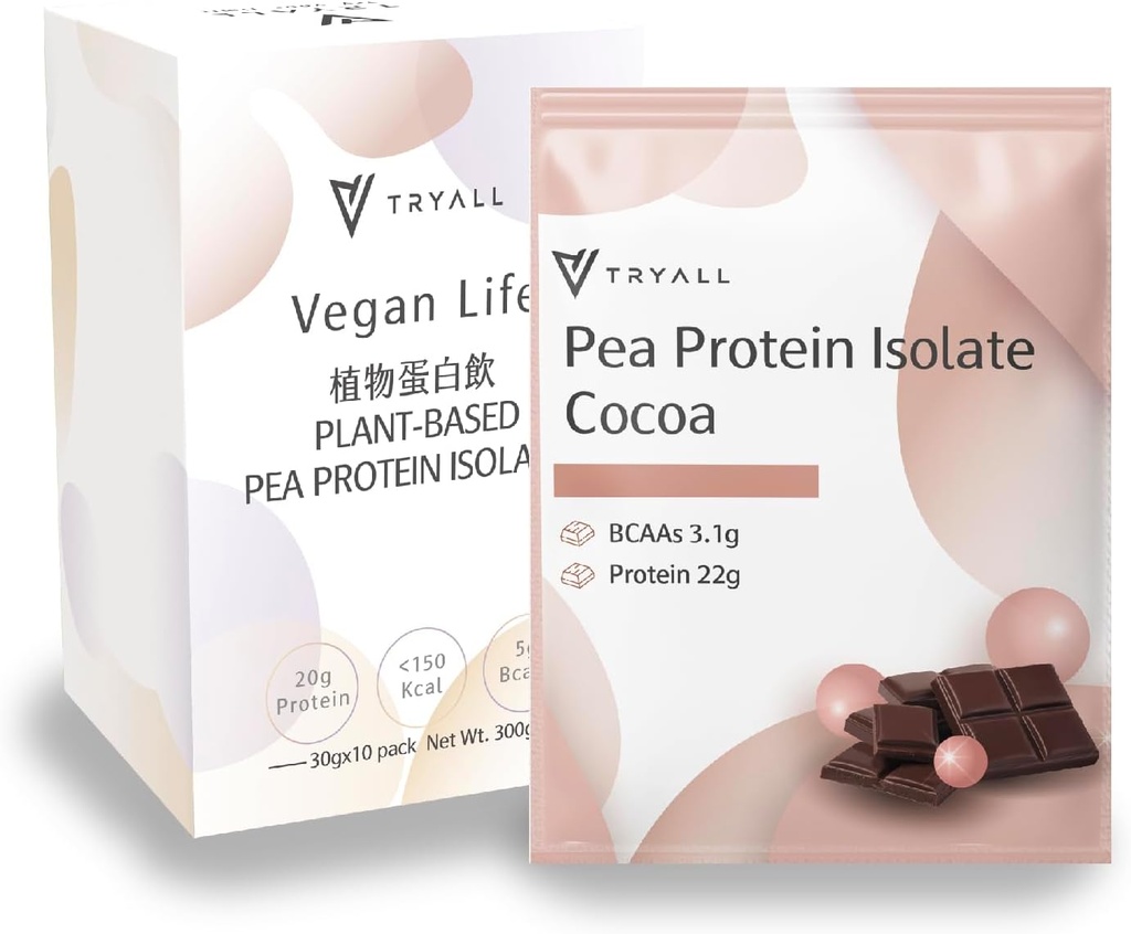 TRYALL Plant Based Pea Protein Pulver Isolate (22g Protein) Reisebeutel (Cocoa Milk, 10 Packungen)