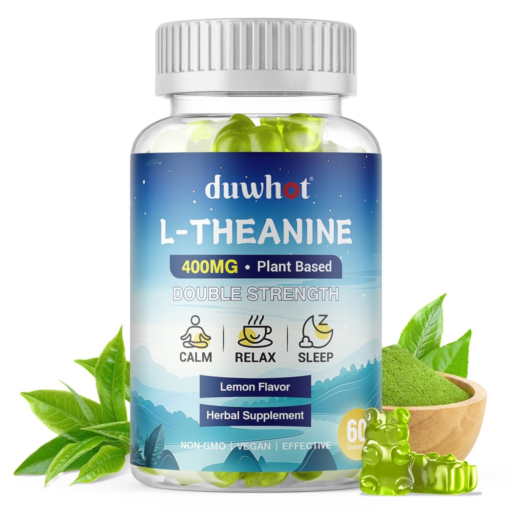 L-Theanine Gummies 400mg, Chewable Theanine Supplement für Erwachsene & Kinder 4+, Natürliche Stress Relief, zzZ & Focus Supplement, Vegan, Low Sugar, Non-Drowsy, Lemon Flavor, 60 Chewables