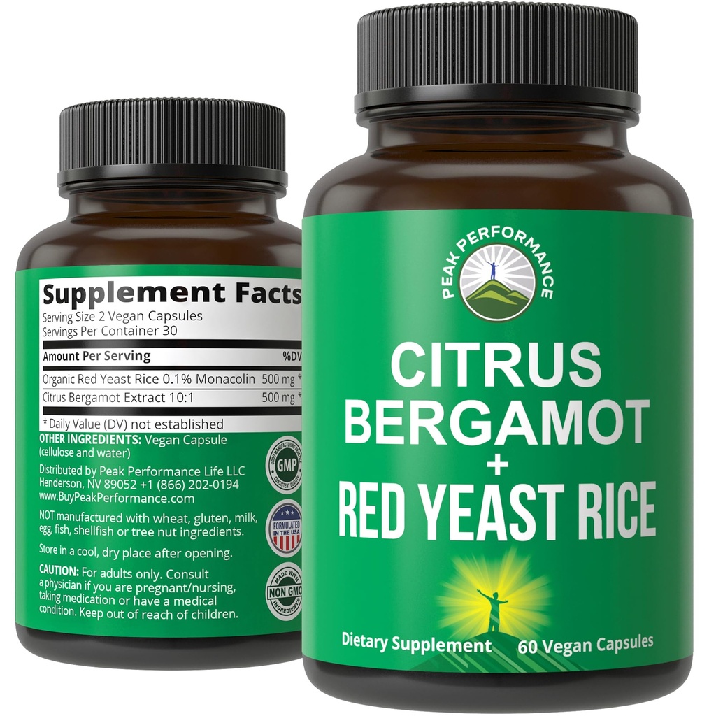 Citrus Bergamotte + Rote Hefe Reis. 2-in-1 Beilage. Hohe Festigkeit 10:1 Bergamotte Extrakt. Keine Gluten, Zero Sugar, Vegan Kapseln