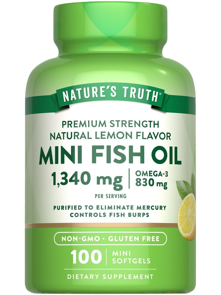 Nature's Truth Mini Fish Oil Omega 3 | 1340 mg | 100 Softgels | Burpless Lemon Flavor | Non-GMO & Gluten Kostenlose Ergänzung