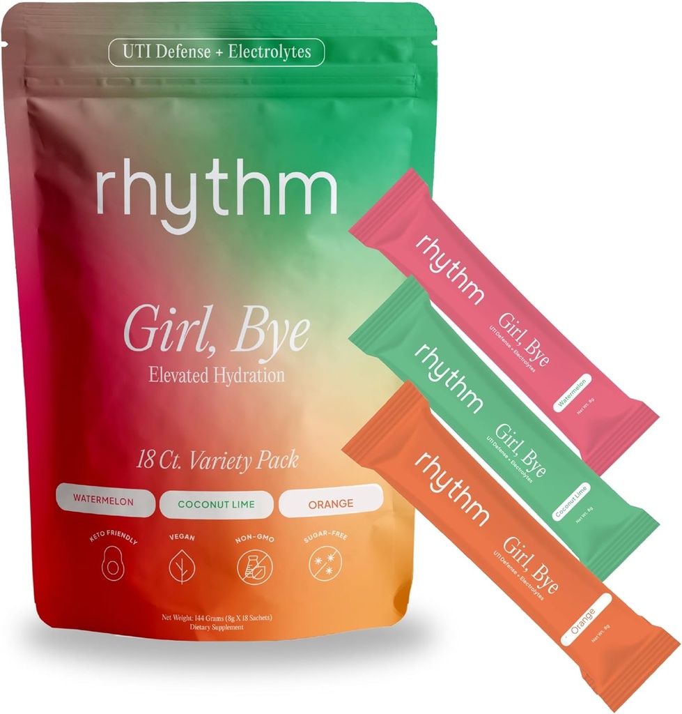 rhythm Girl, Bye Fast-Acting 18 ct. Tropical-Flavored Keto UTI Relief & Defense + Rapid Hydration Urinary Tract Health Drink Mix | pH Balancing | Workout & Intimacy | Essential Intermittent Fasten