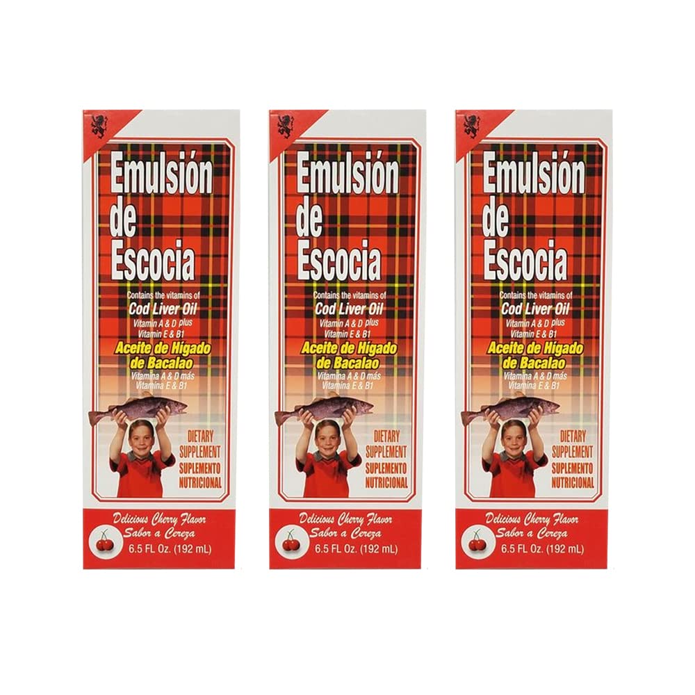 Emulsion de Escocia Cod Liver Öl Nahrungsergänzung. Reich an Vitaminen A, D, E und B1. Kirsch aromatisiert. 6.5 Fl Oz / 192 mL. Pack von 3