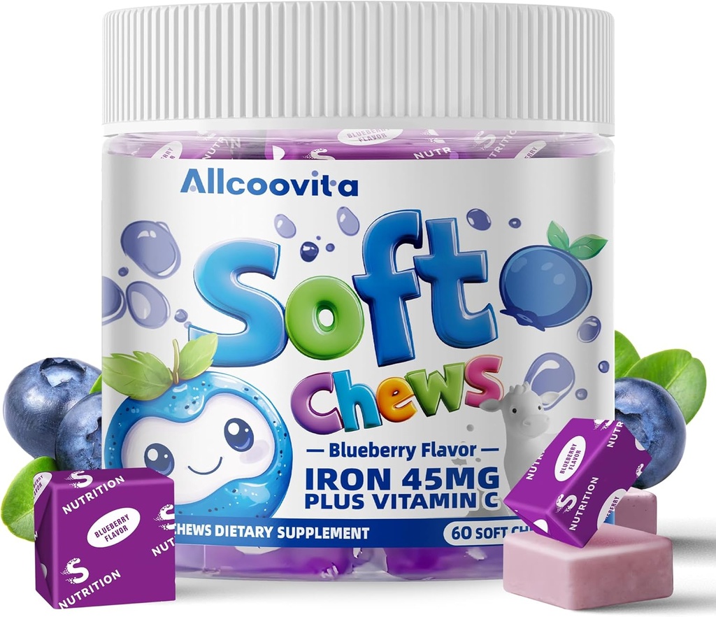 Eisen weiche Kauen Ergänzung mit Vitamin C | Blueberry Flavored | Gluten Kostenlose | Eisen Ergänzung für Frauen Männer und Kinder | 60 Graf | 2 Monat Versorgung