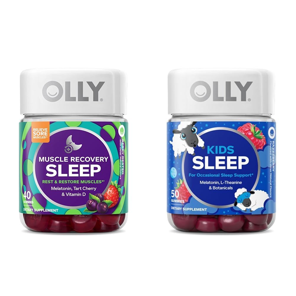 OLLY Muscle Recovery Schlafgummis mit Tart Cherry, 40 Count und Kinder schlafen Gummy mit Melatonin, Kamille, 50 Count