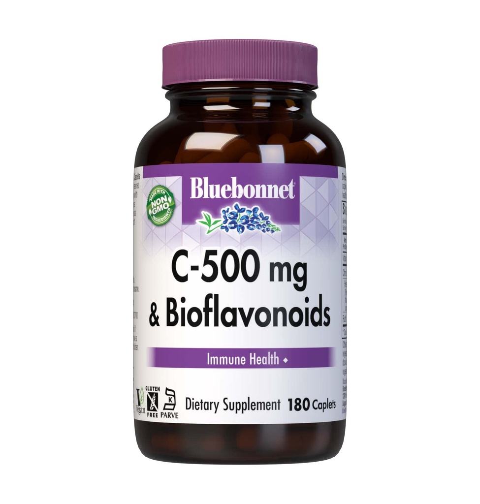 Bluebonnet Nutrition C-500 mg Plus Bioflavonoids Caplets, Vitamin C 500 mg, Citrus Bioflavonoids 250 mg, für Immungesundheit, Sojafrei, Glutenfrei, Non-GMO, Kosher, Dairy Free, Vegan, 180 Caplets