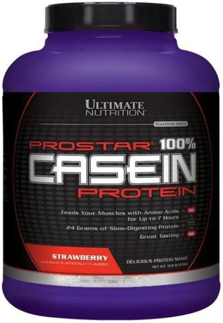 Ultimate Nutrition Prostar Micellar and Hydrolyzed Casein Protein Powder - Fat Free Overnight Muscle Growth and Recovery with BCAAs, 5 Pfund, Erdbeere