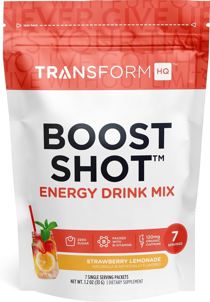 TransformHQ Boost Shot Powder Drink Stick Packets, Strawberry Lemonade, 7 Pack, Energy Supplements für Damen und Herren, mit Koffein, Vitamin B12, B9, B6 & B3