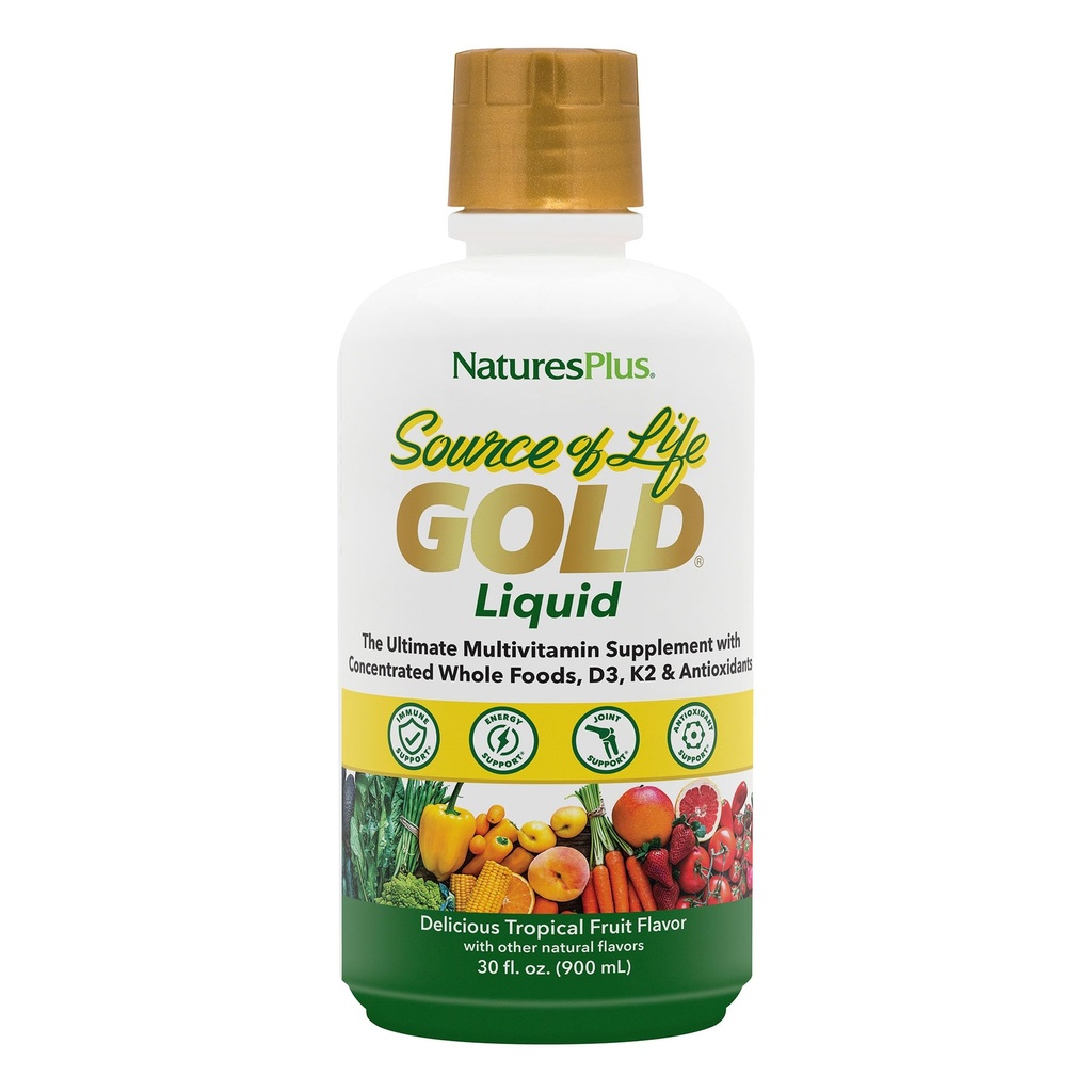 NaturesPlus Source de vie Or Multivitamine Liquide 30 oz soutient la production d'énergie, le système immunitaire sain et le bien-être comprend les vitamines D3, B12, K2 et plus de 120 nutriments alimentaires entiers - 30 portions