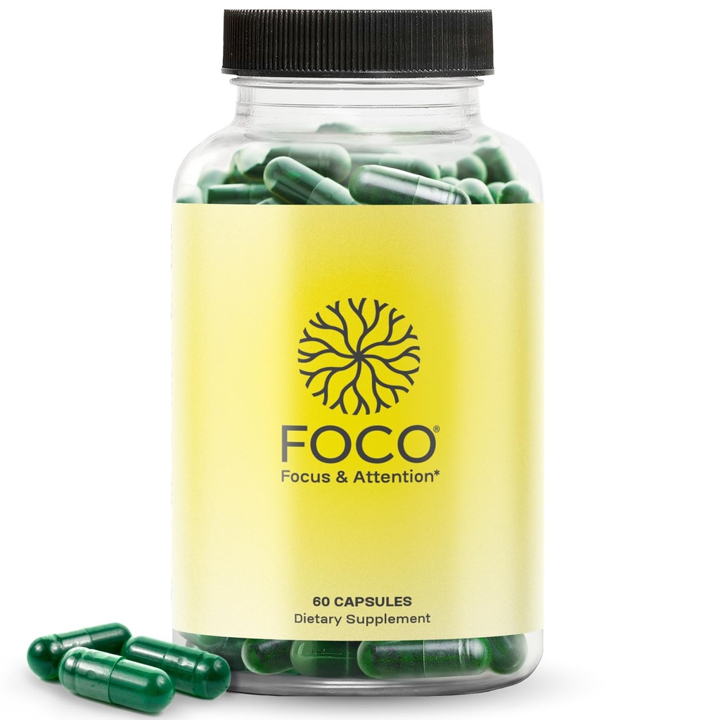 Pensez FOCO Capsules (13+) Supplément de Focus naturel pour les adolescents et les adultes - Nootropic cérébral pour la concentration, la mémoire, la clarté mentale, l'amélioration cognitive Vitamines - Suppléments d'attention - 60 Capsules