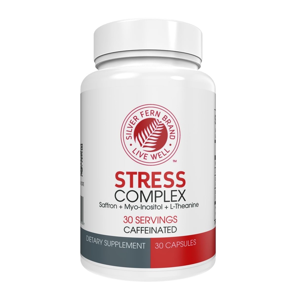 Supplément complexe de stress de la fougère d'argent - avec caféine - sommeil, inquiétude, humeur et plus - avec suppléments de safran, supplément de L-Theanine, et Myo-inositol - suppléments de stress naturel - 30 portions