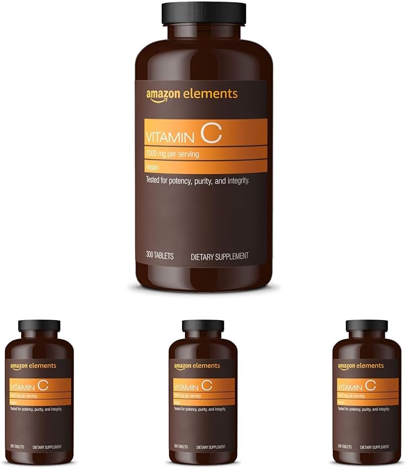 Éléments amazoniens vitamine C 1000mg, soutient le système immunitaire sain, végétalien, 300 comprimés, 10 mois d'approvisionnement (paquet de 4)