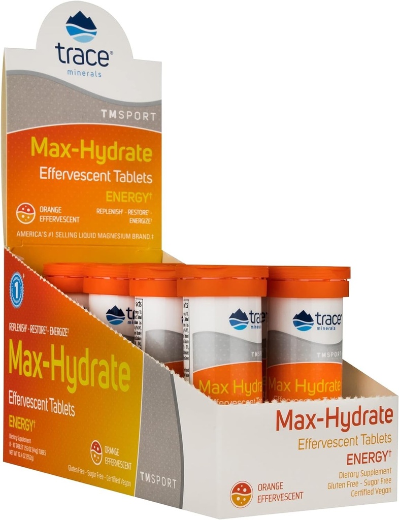 Trace Minerals Max-Hydrate Endurance - Supplément de soutien énergétique quotidien - Supplément électrolyte pour l'aide contre les crampes musculaires - Supplément pour soutenir l'hydratation - Orange, 10 onglets (80 portions)
