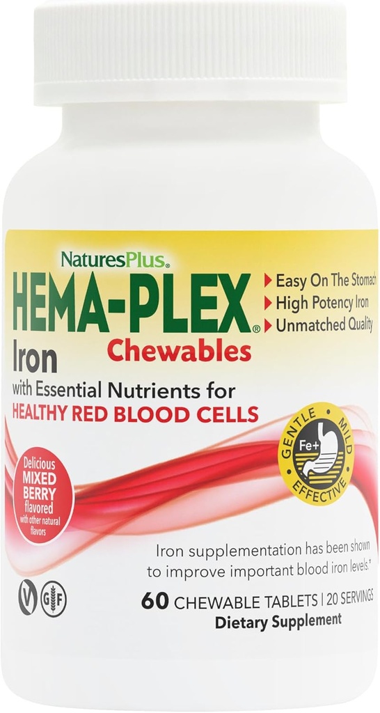 Natures Plus Hema-Plex Iron - 60 Mixed Berry Chewables - 85 mg Elemental Iron - Total Blood Health - mit Vitamin C & Bioflavonoids - Non-GMO, Vegan & Gluten Free - 20 Portionen