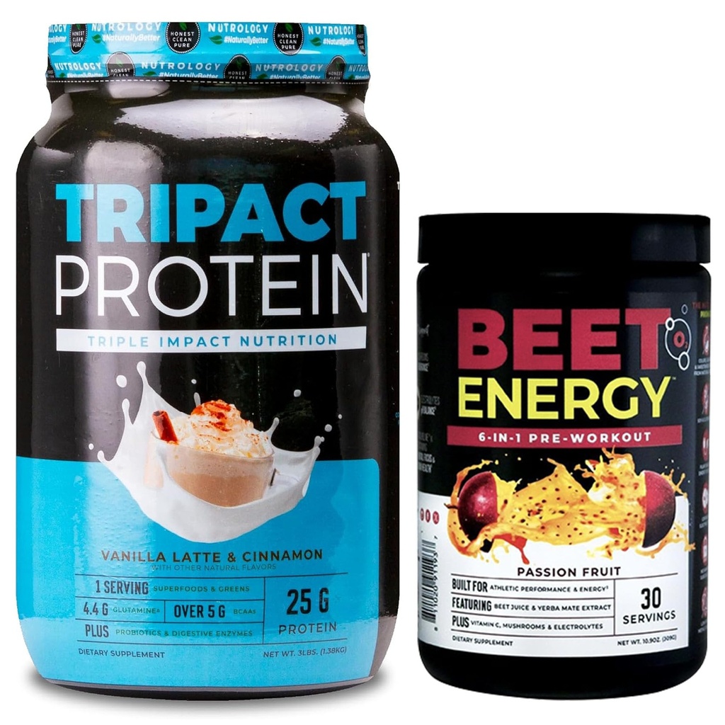TRIPACT Proteinpulver, 7-in-1-Mahlzeitersatz Shake, Vanille Latte Cinnamon Flavor (40 Portionen) Beet Natural O2, Pre Workout Pulver, Passion Fruit Flavor (30 Portionen)