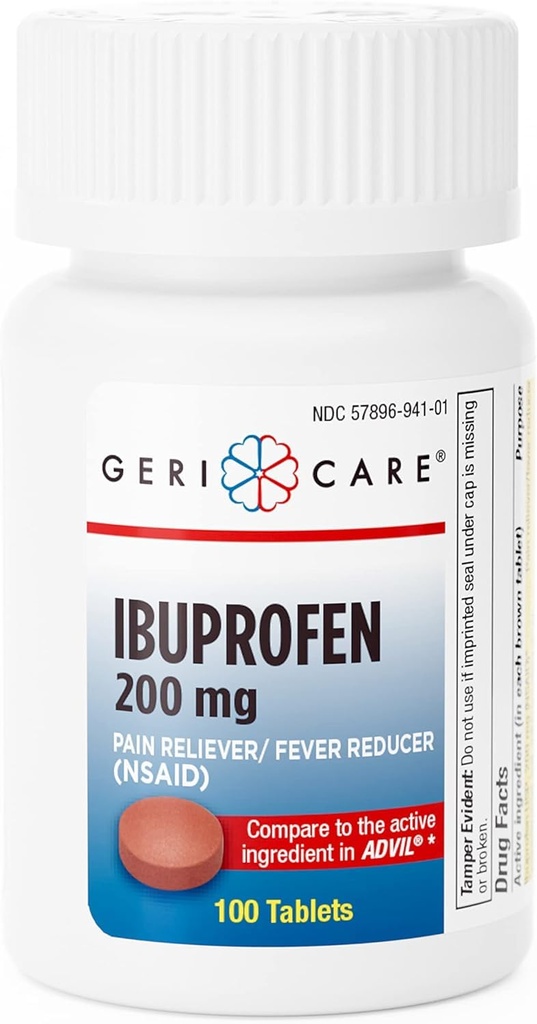 GeriCare Ibuprofen 200mg Pain Reliever and Fever Reducer – Tablets for Headaches, Colds, Toothaches, and Joint Pain 100 Count (Pack of 1)