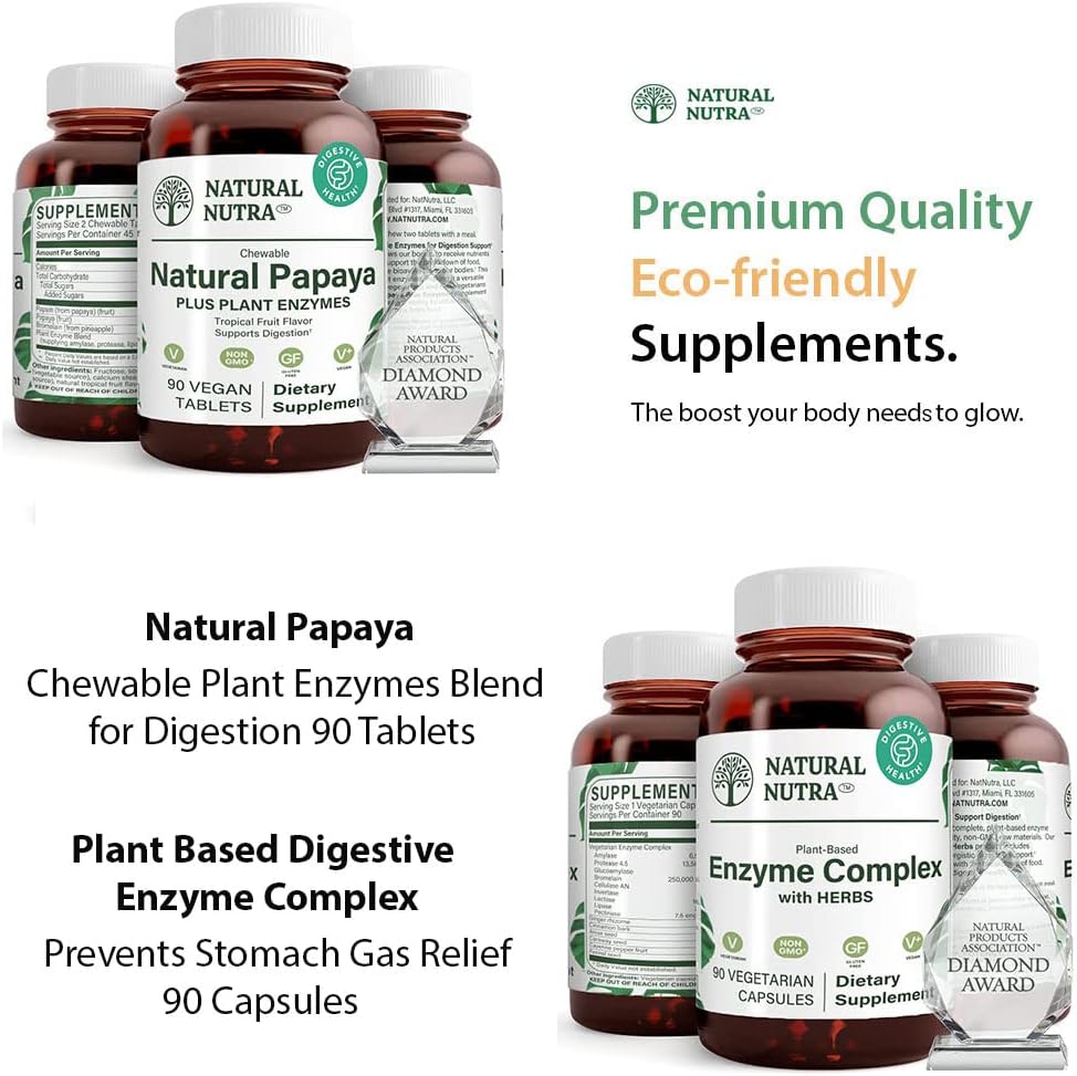 Natürliche Nutra Papaya Kaupflanze Enzyme Mischung für Verdauung 90 Kaubare vegane Tabletten und pflanzenbasierte Verdauungsenzym-Komplex mit Kräutern 90 Vegan Kapseln für Verdauung, verhindert Stomach.