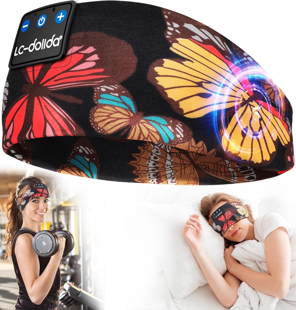 LC-dolida Schlaf Kopfhörer Stirnband Bluetooth 5.4, Sport Stirnband Kopfhörer Wireless mit Lautsprecher Mikrofon USB C für Frauen Schlafen Geschenk Workout Jogging Yoga Insomnia Reise Meditation, Schmetterling