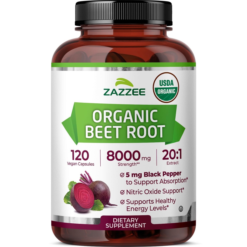 Zazzee USDA Organic Beet Root 8000 mg Stärke 20:1 Extrakt, 120 Vegan Schnellfreisetzung Kapseln, Schwarzer Pfeffer Extrakt für verbesserte Absorption, unterstützt Nitric Oxide Produktion, Non-GMO, Made in USA
