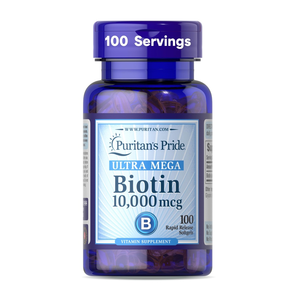 Puritan's Pride Premium Ultra Mega Biotin 10.000mcg, Nahrungsergänzungsmittel für gesundes Haar, Haut, Nägel und Energie Metabolismus-Unterstützung, 100 Tage Versorgung, 100 Rapid Release Softgels