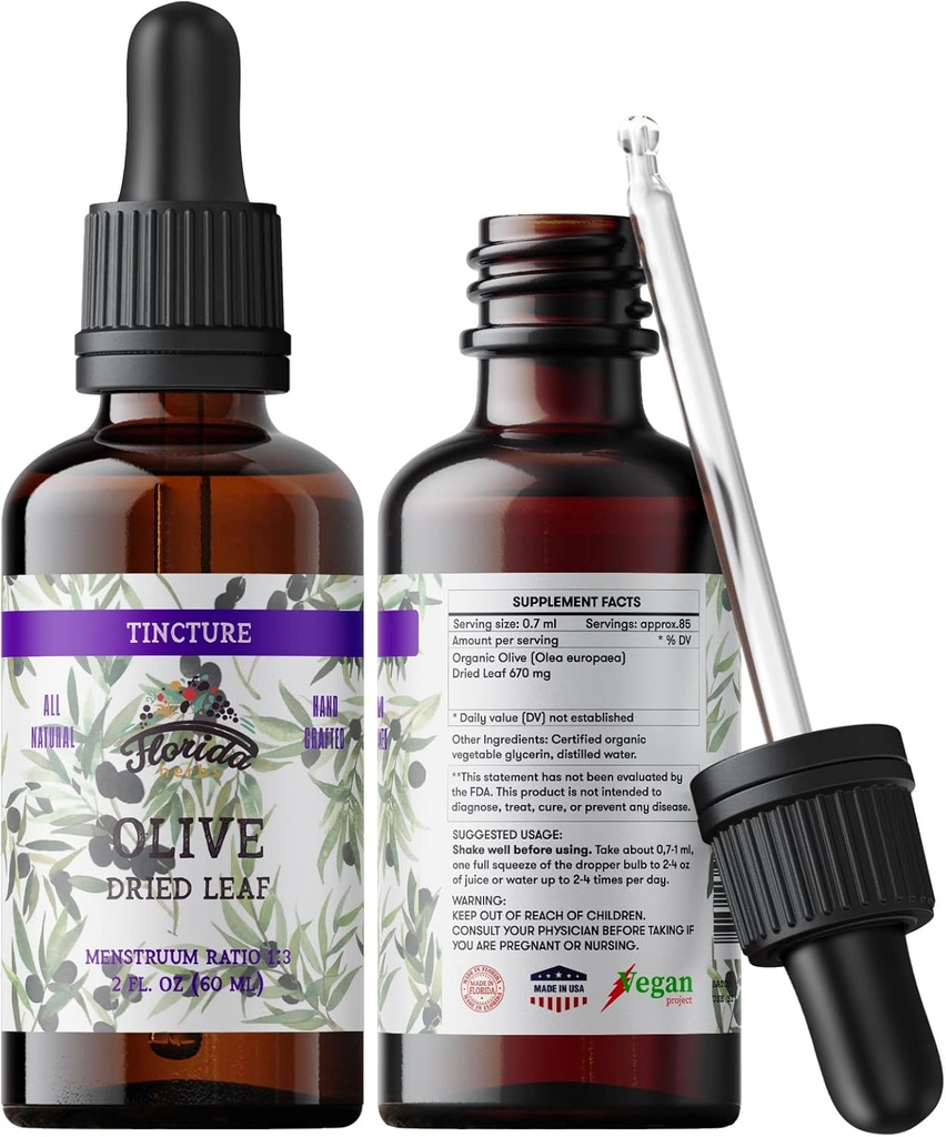 Organische Olivenblatt-Tinktur, Olivenextrakt-Flüssig (Olea europaea) Getrocknete Blatt Kräuter-Ergänzung, Non-GMO in kaltgepresstem Organisches Gemüse Glycerin, 700 mg, 2 Unzen (60 ml)